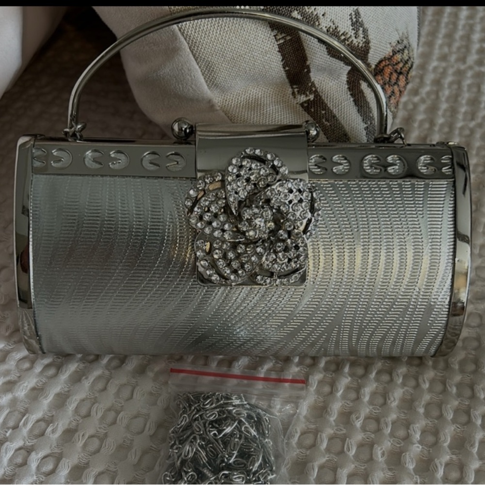 Silver Clutch with Rhinestone Flower